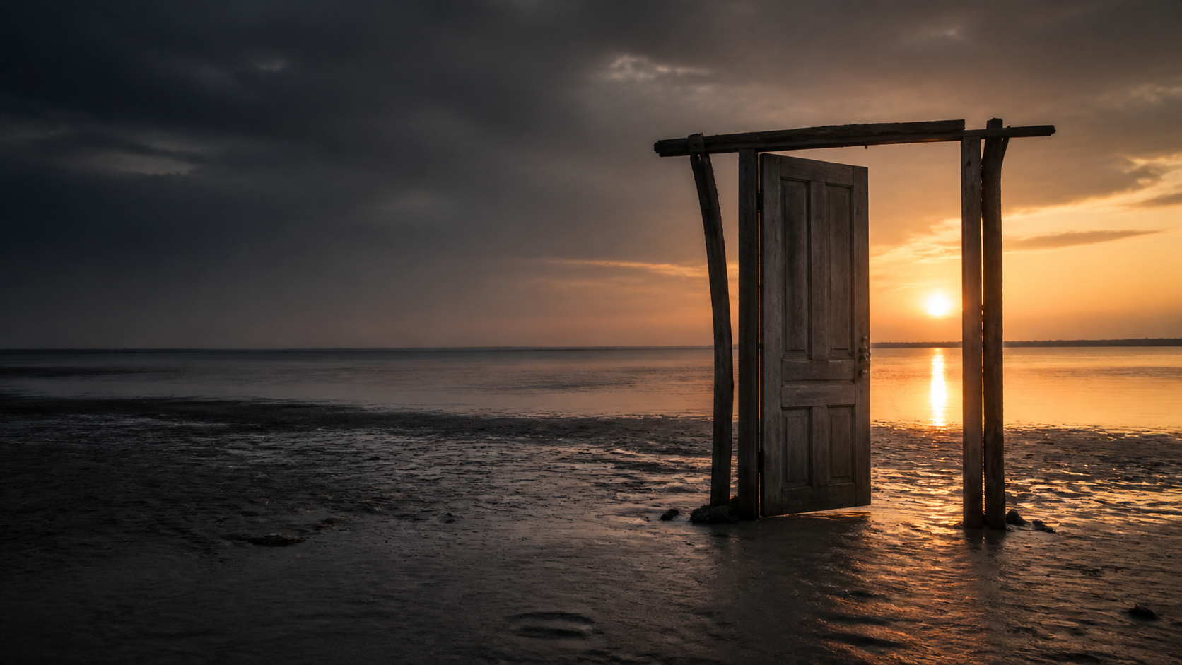 A weathered door opening toward a golden shoreline